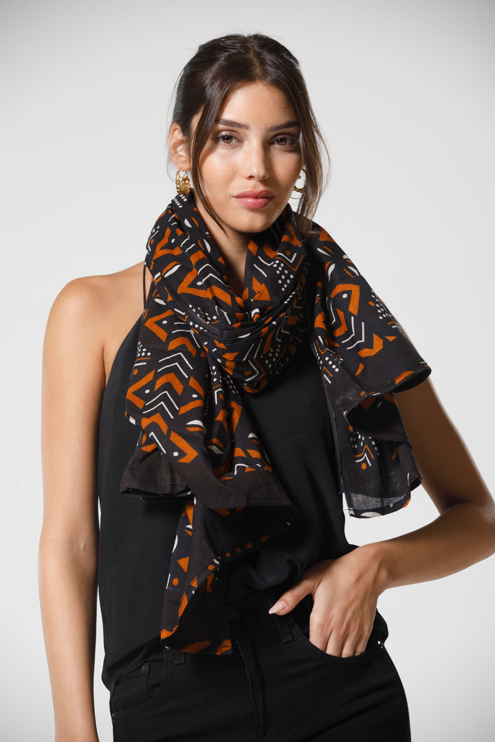 צעיף כותנה פראו - שחור חום בוהו