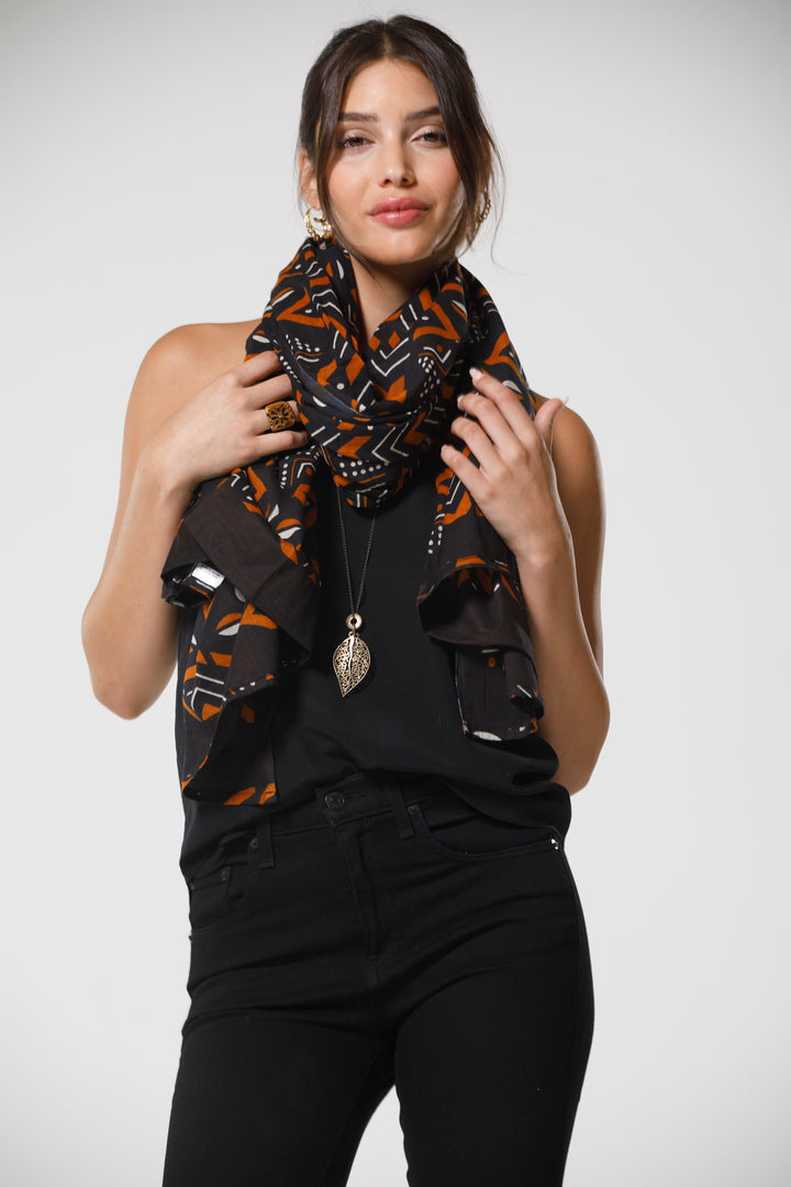 צעיף כותנה פראו - שחור חום בוהו