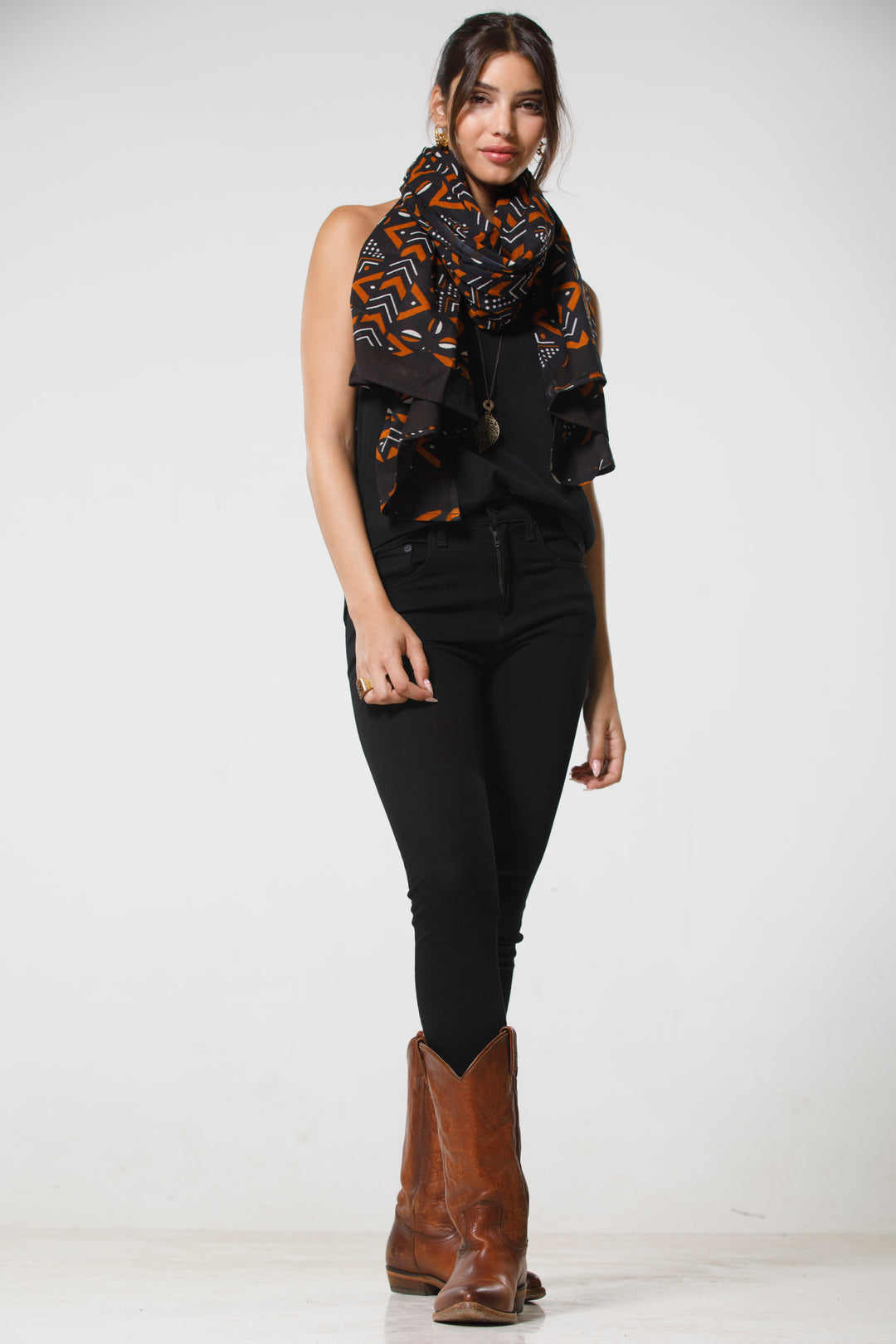 צעיף כותנה פראו - שחור חום בוהו