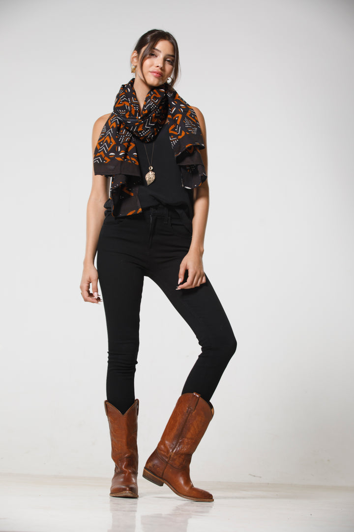 צעיף כותנה פראו - שחור חום בוהו