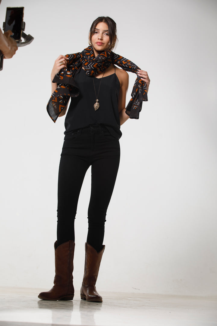 צעיף כותנה פראו - שחור חום בוהו