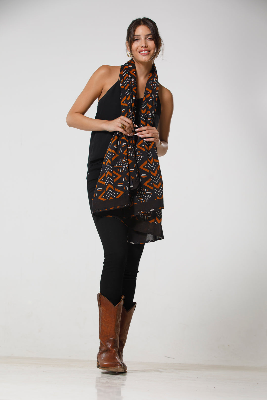 צעיף כותנה פראו - שחור חום בוהו