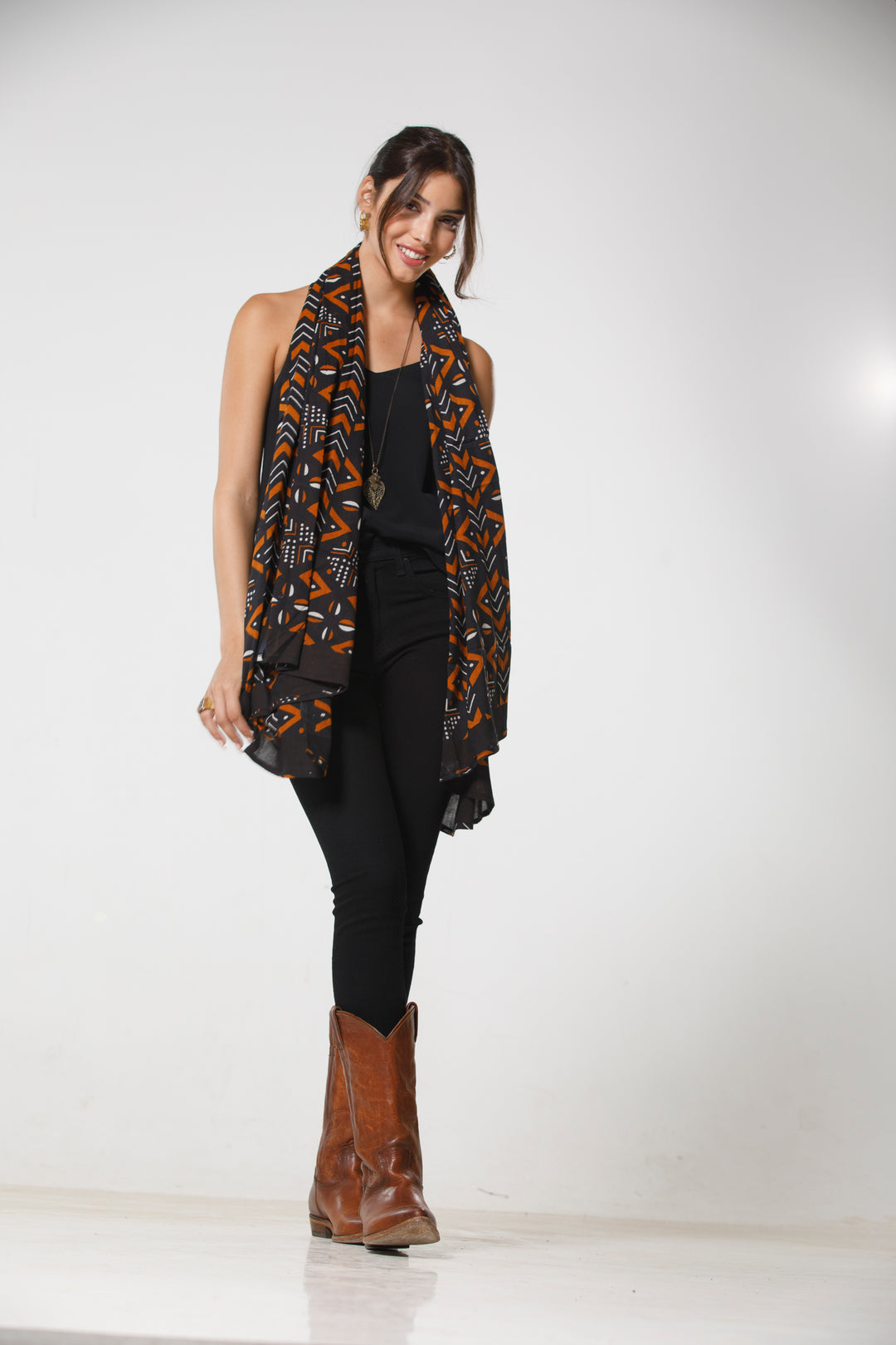 צעיף כותנה פראו - שחור חום בוהו