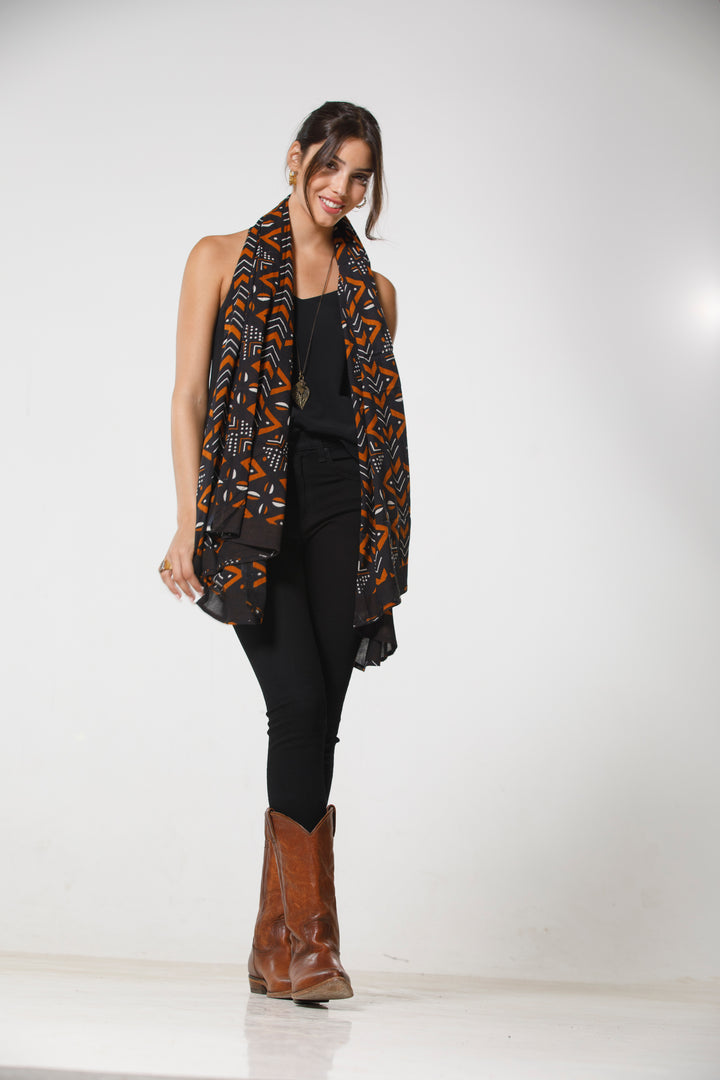 צעיף כותנה פראו - שחור חום בוהו