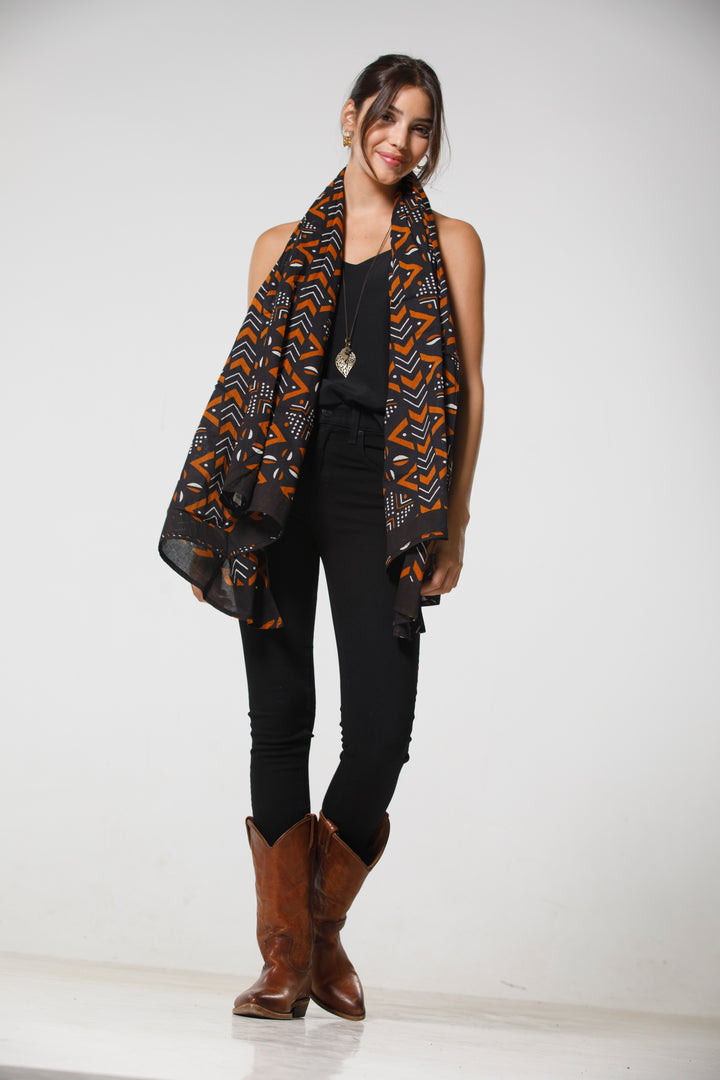 צעיף כותנה פראו - שחור חום בוהו