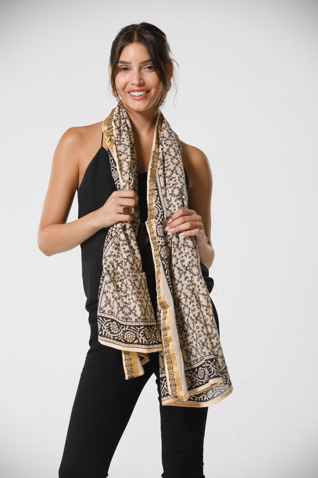 צעיף כותנה פראו - הדפס תחרה זהב