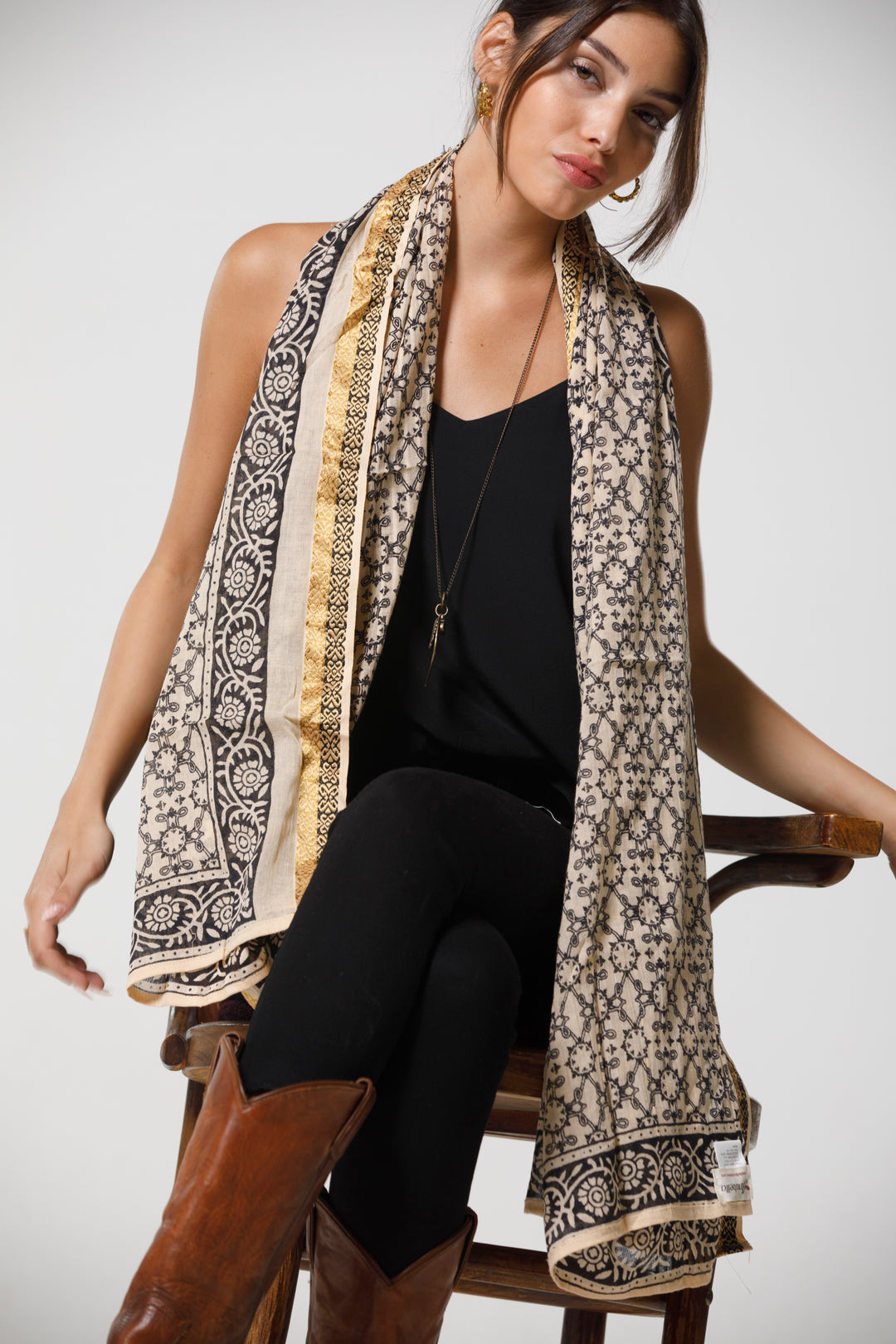 צעיף כותנה פראו - הדפס תחרה זהב