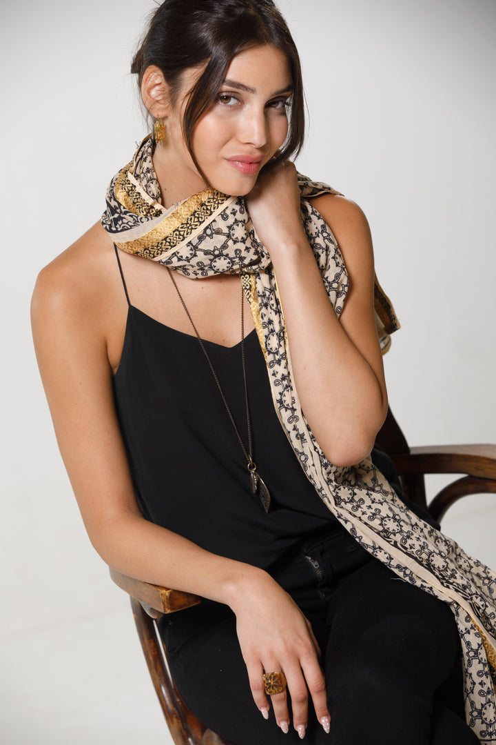 צעיף כותנה פראו - הדפס תחרה זהב