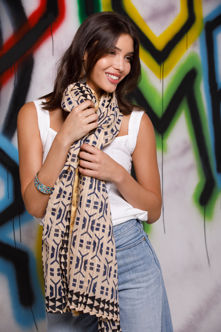 צעיף כותנה פראו - קרם כחול זהב