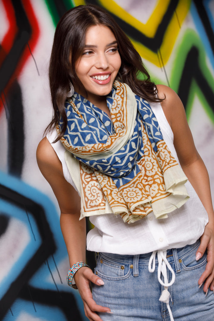 צעיף כותנה פראו - כחול טרקוטה