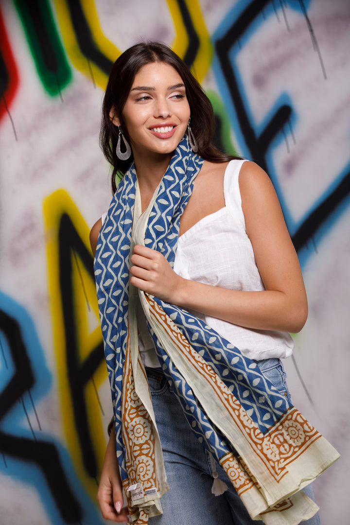 צעיף כותנה פראו - כחול טרקוטה