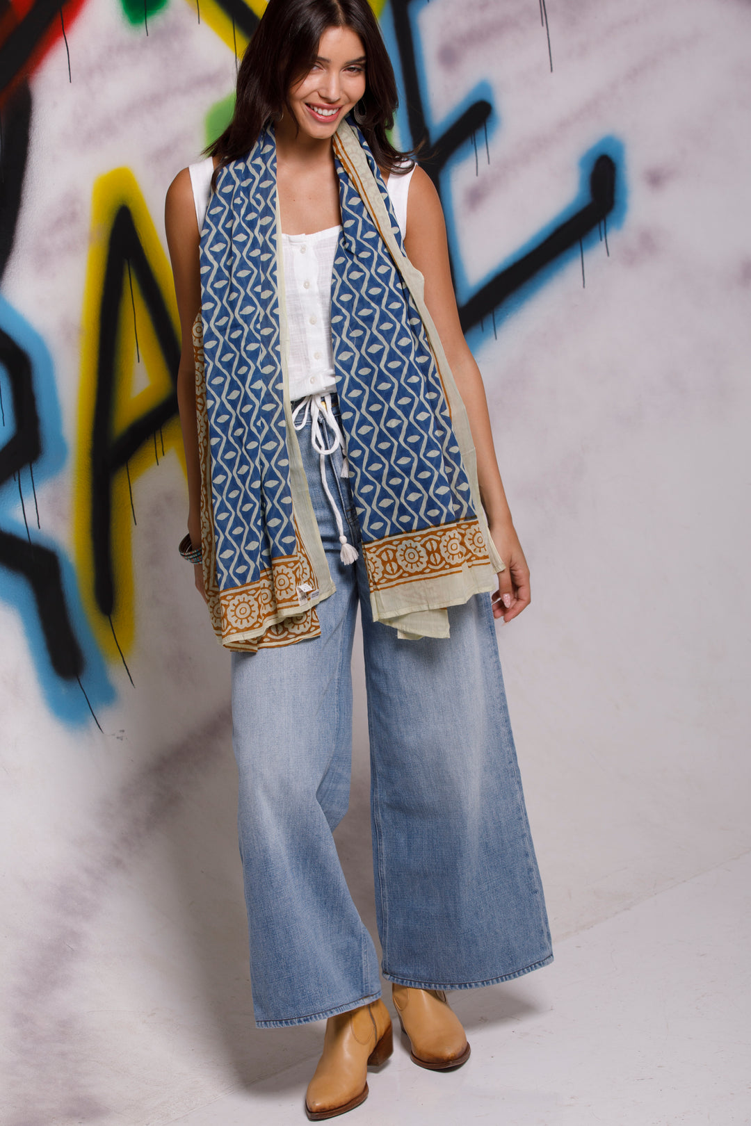 צעיף כותנה פראו - כחול טרקוטה