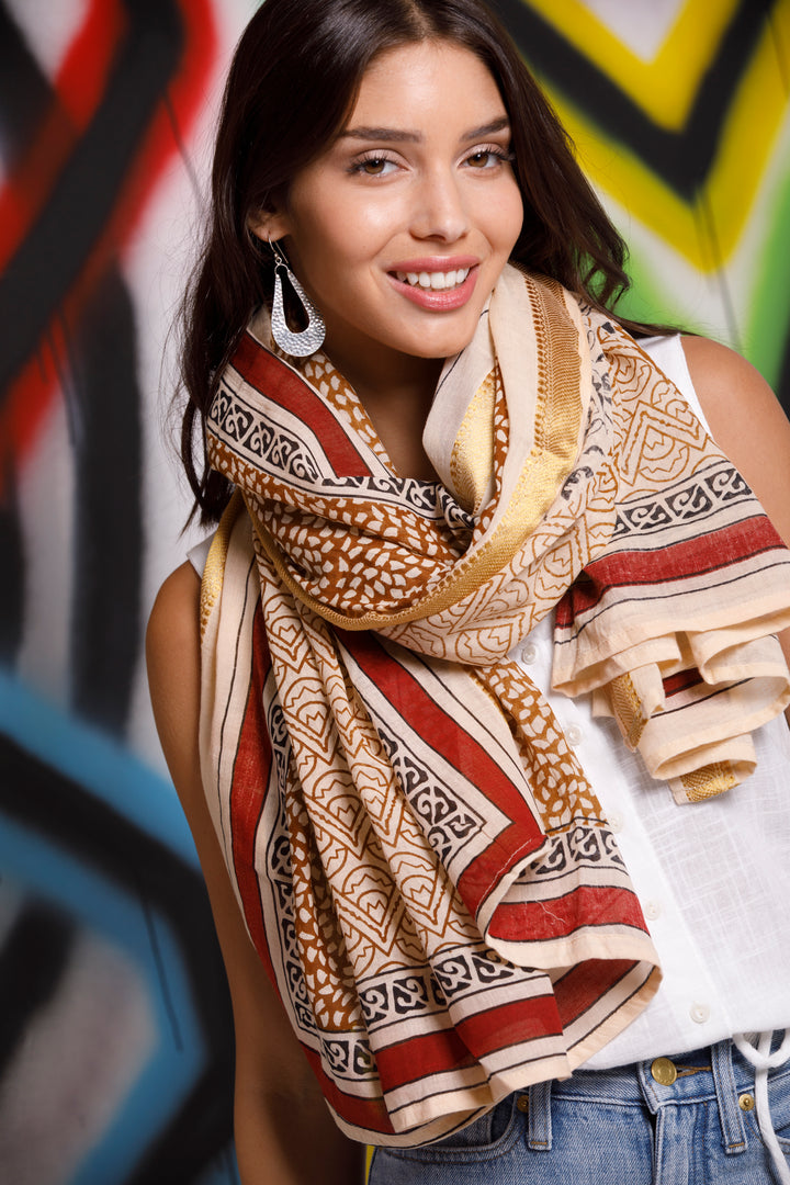 צעיף כותנה פראו - בורדו אדמה זהב