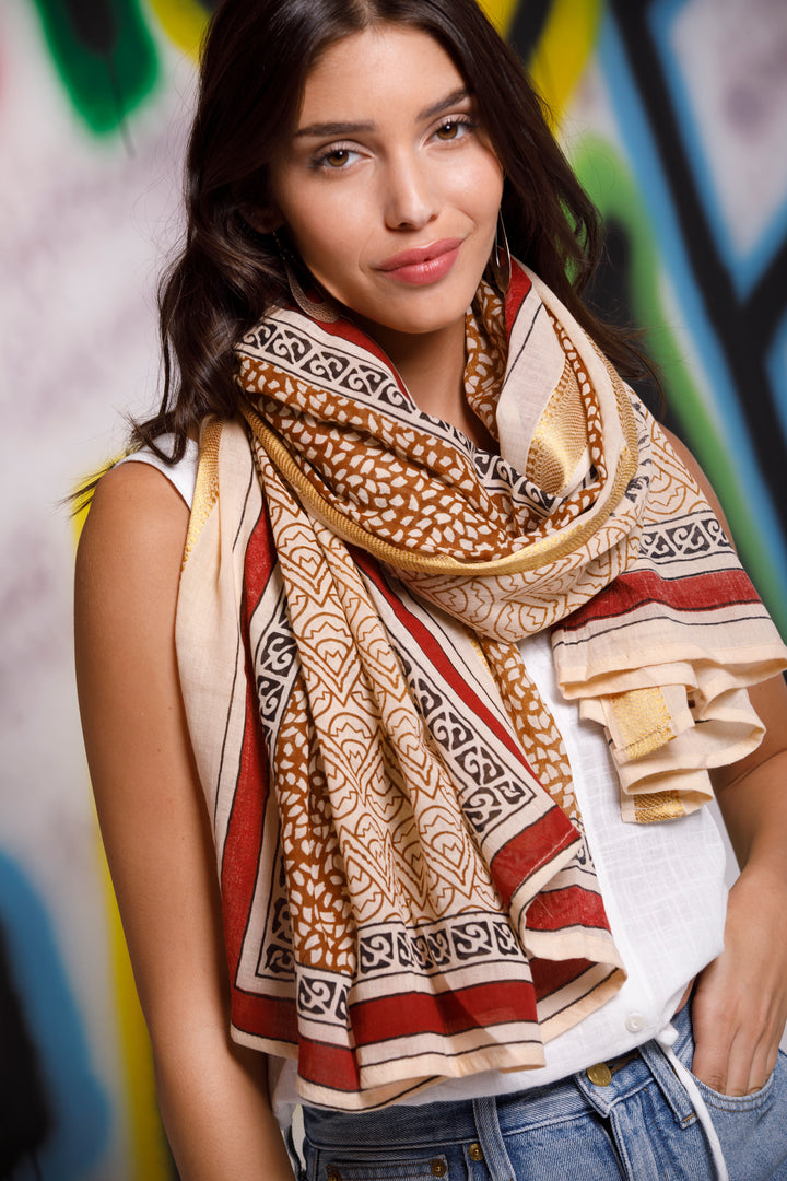 צעיף כותנה פראו - בורדו אדמה זהב