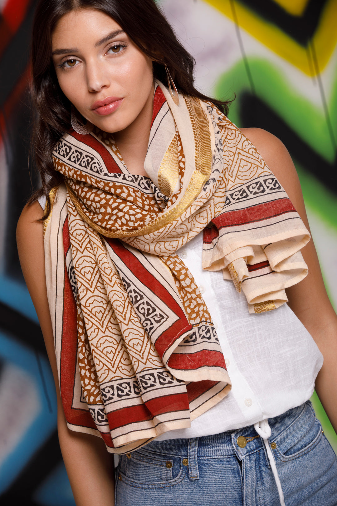 צעיף כותנה פראו - בורדו אדמה זהב