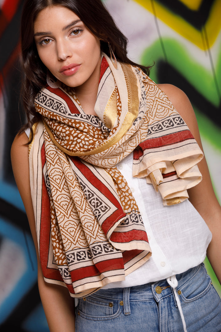 צעיף כותנה פראו - בורדו אדמה זהב