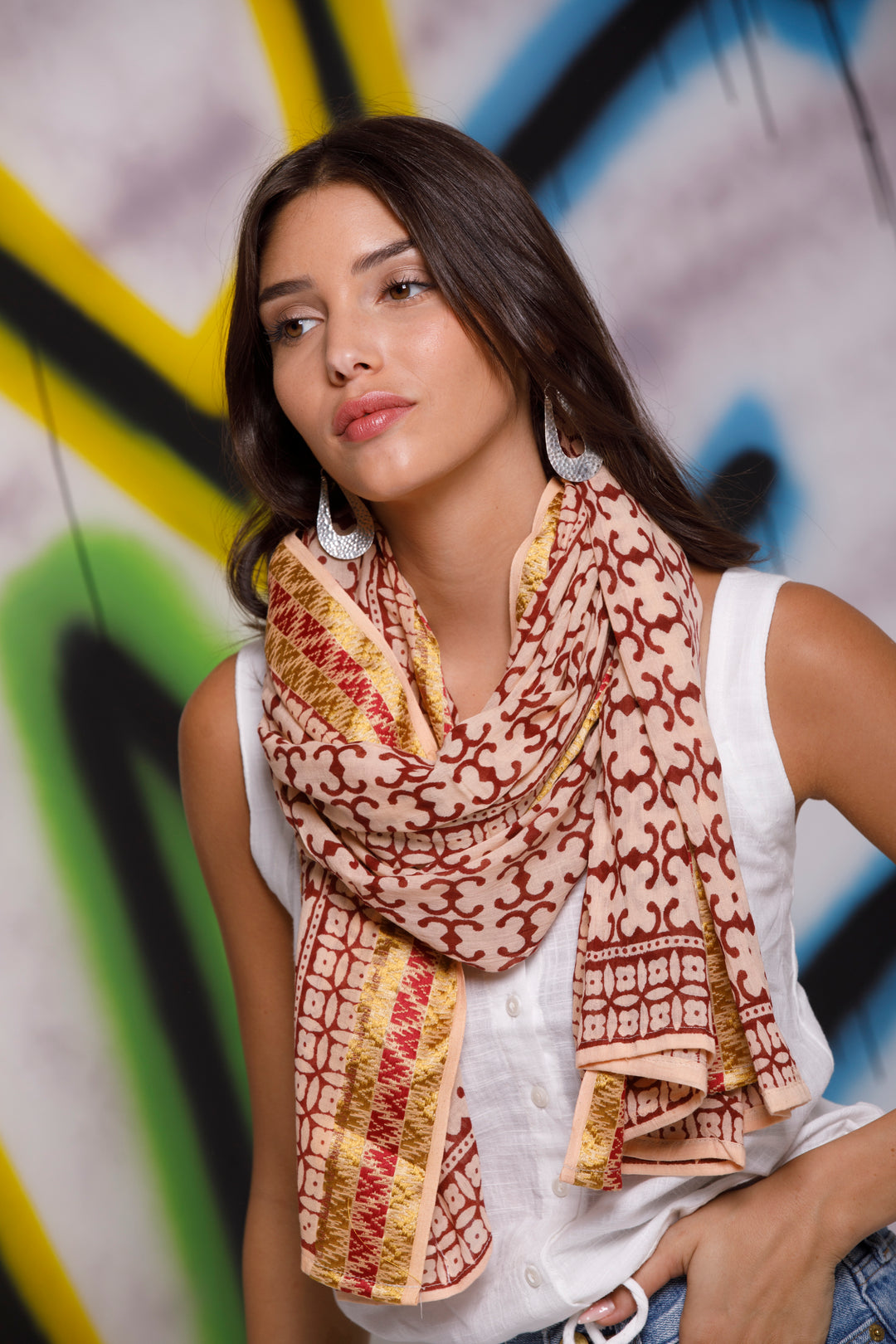 צעיף כותנה פראו - בורדו קרם זהב