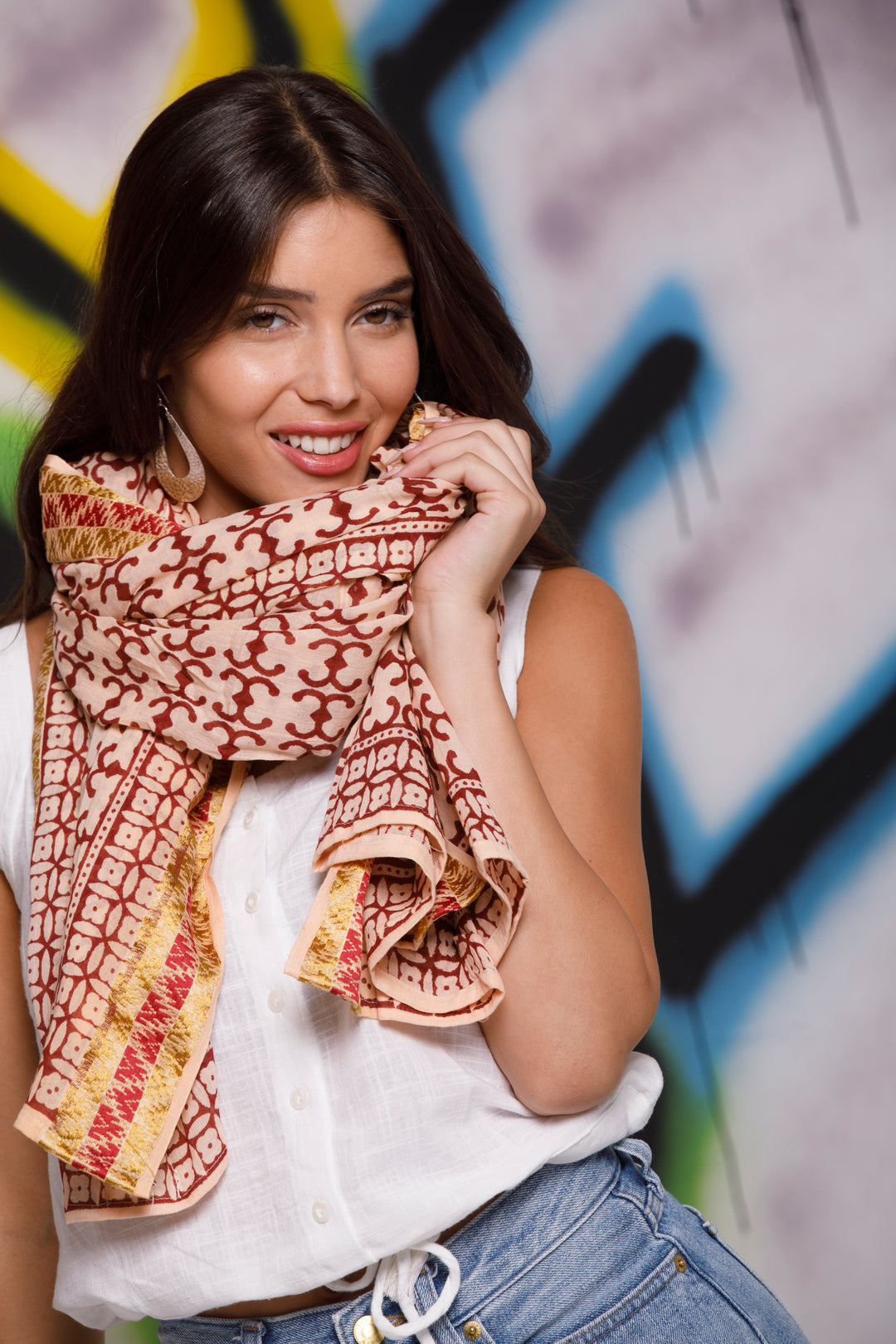 צעיף כותנה פראו - בורדו אדמה זהב