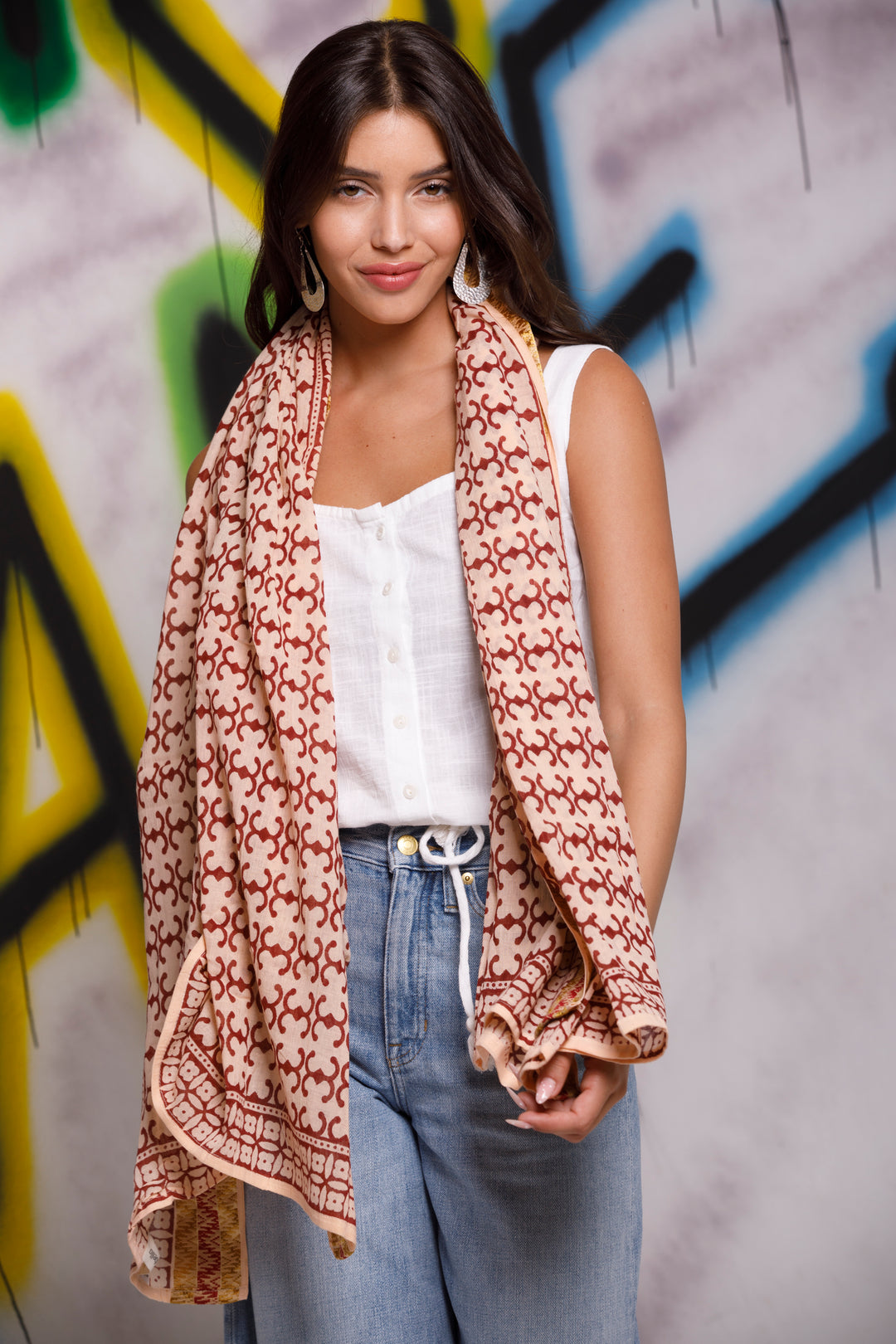 צעיף כותנה פראו - בורדו אדמה זהב