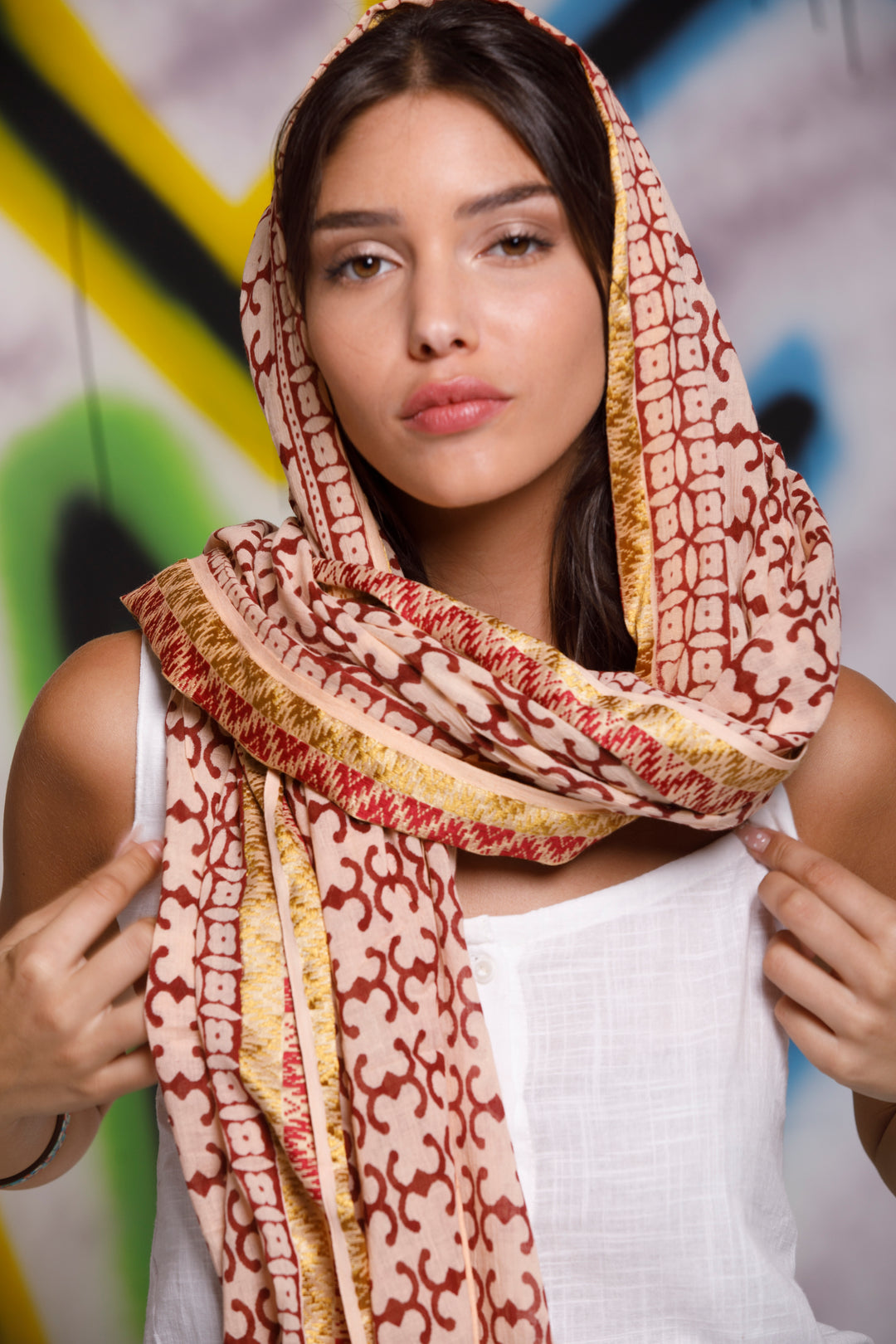 צעיף כותנה פראו - בורדו קרם זהב