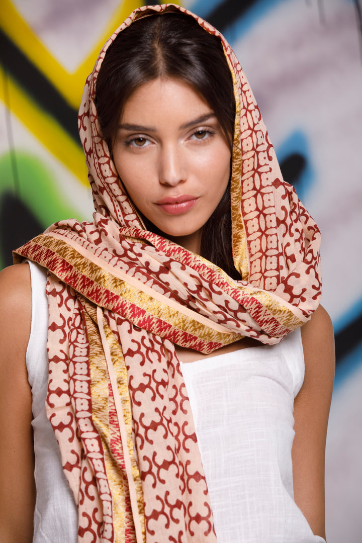 צעיף כותנה פראו - בורדו קרם זהב