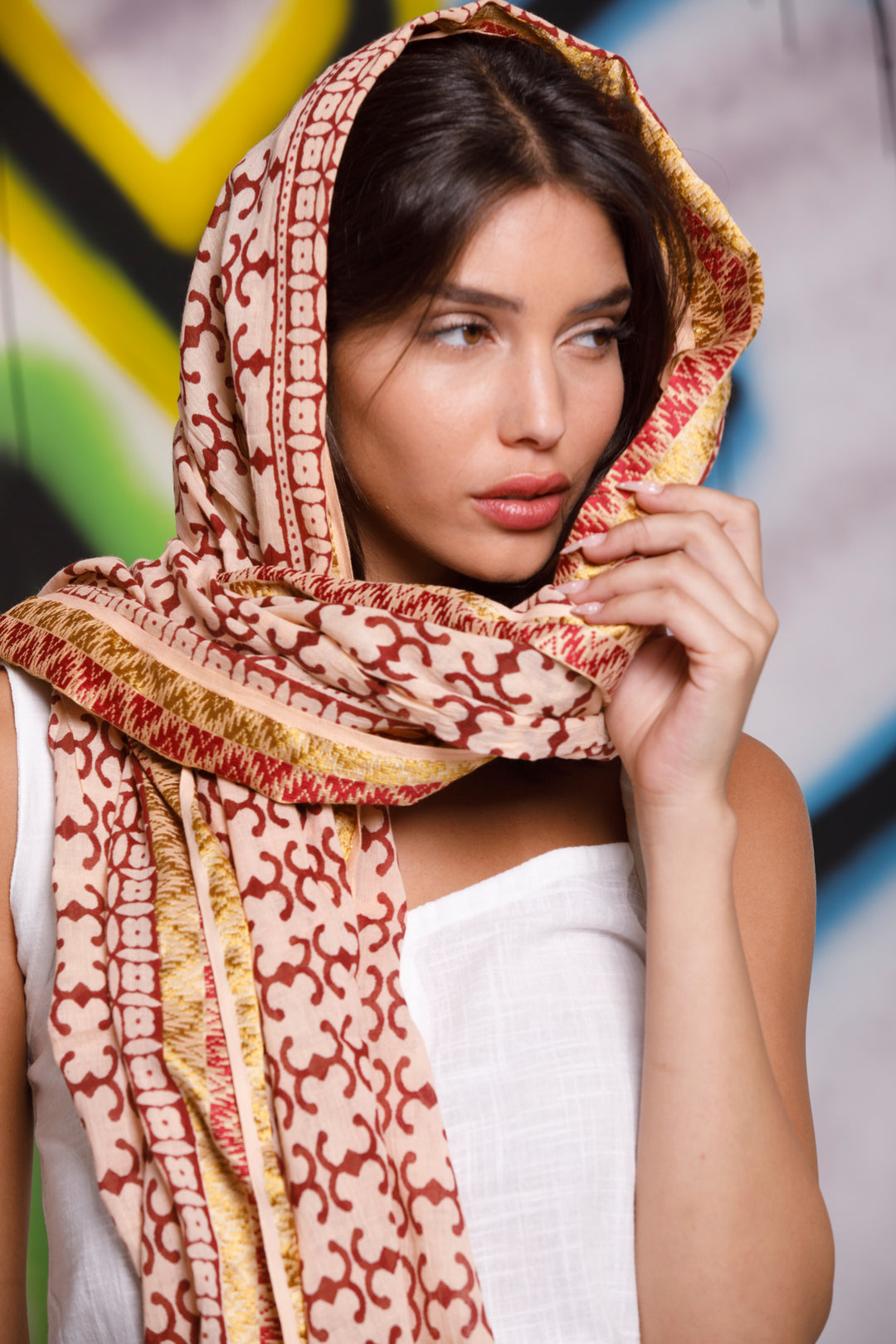 צעיף כותנה פראו - בורדו קרם זהב