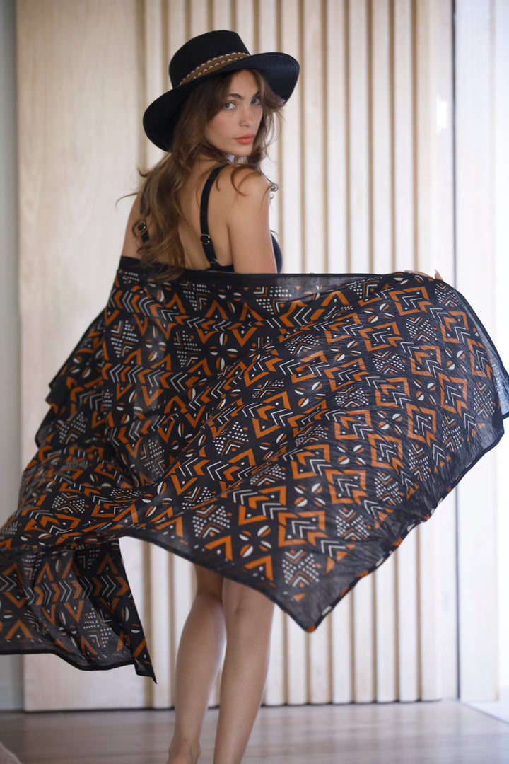 צעיף כותנה פראו - שחור חום בוהו