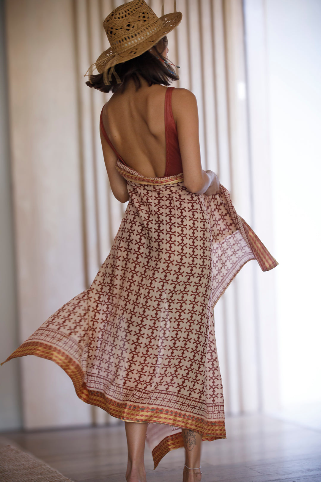 צעיף כותנה פראו - בורדו קרם זהב