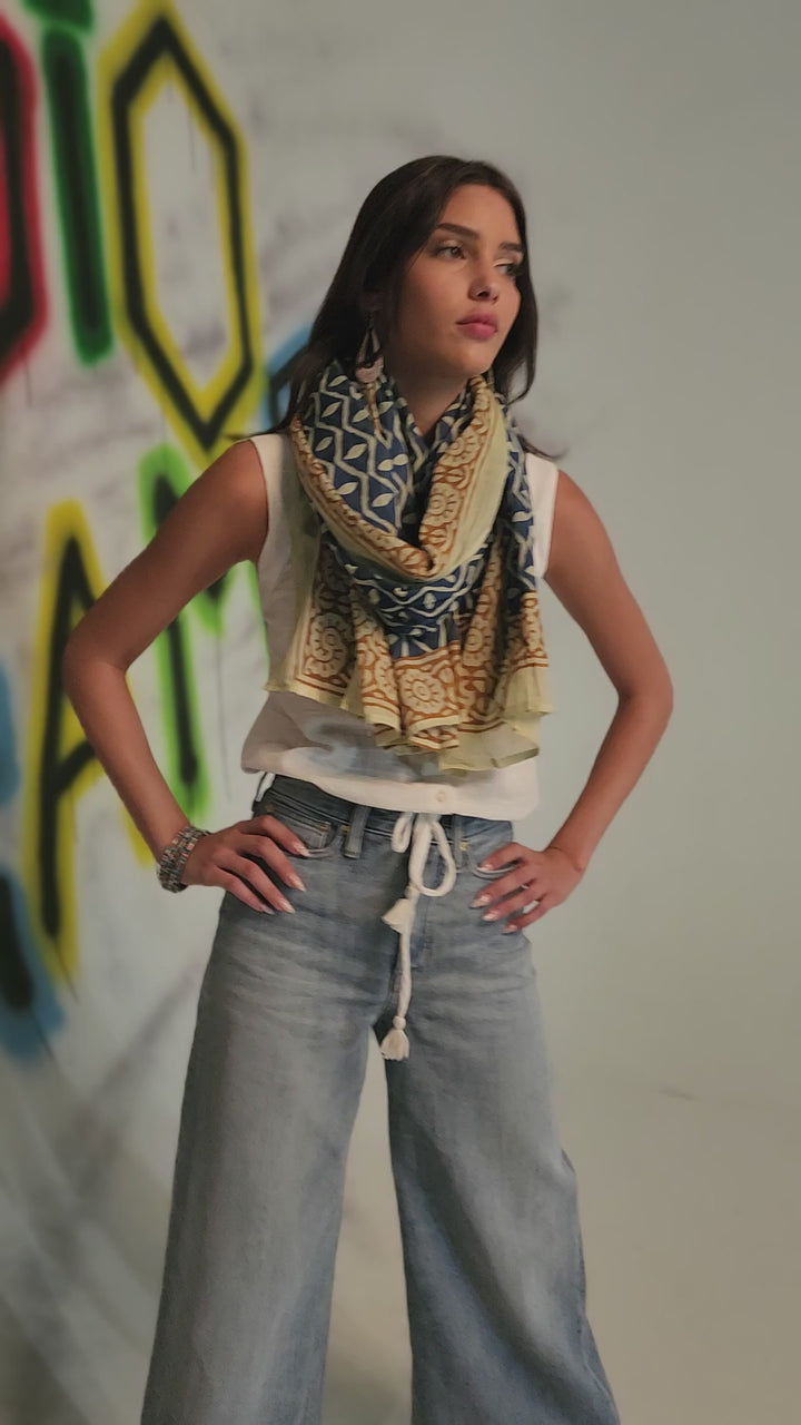 צעיף כותנה פראו - כחול טרקוטה